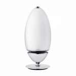 White egg-shaped Bluetooth speaker with silver base and top accents