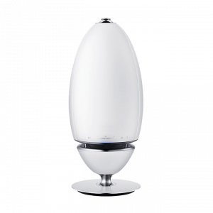 White egg-shaped Bluetooth speaker with silver base and top accents