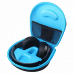 Black headphones in a protective blue carrying case