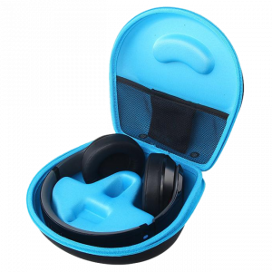 Black headphones in a protective blue carrying case