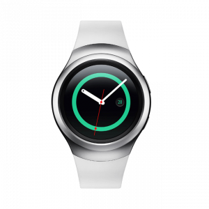 Smartwatch 2.0 LTE Wifi Waterproof: White band, silver casing, round black face with green accent ring